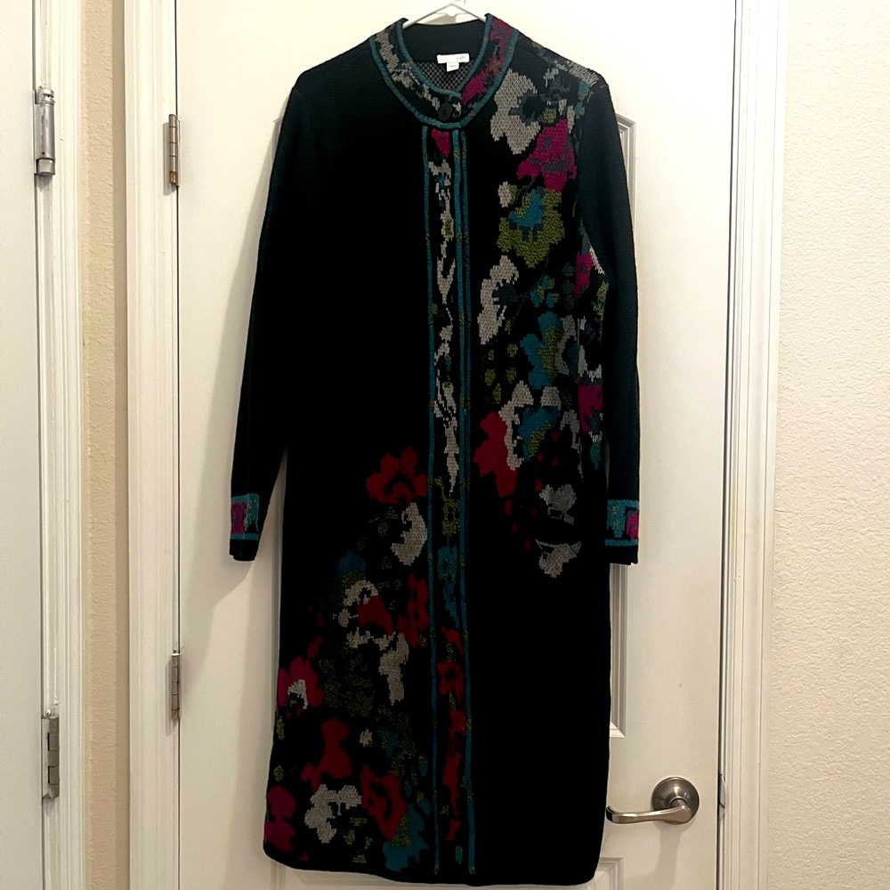 J. JILL Black and Floral Duster Cardigan Size Large